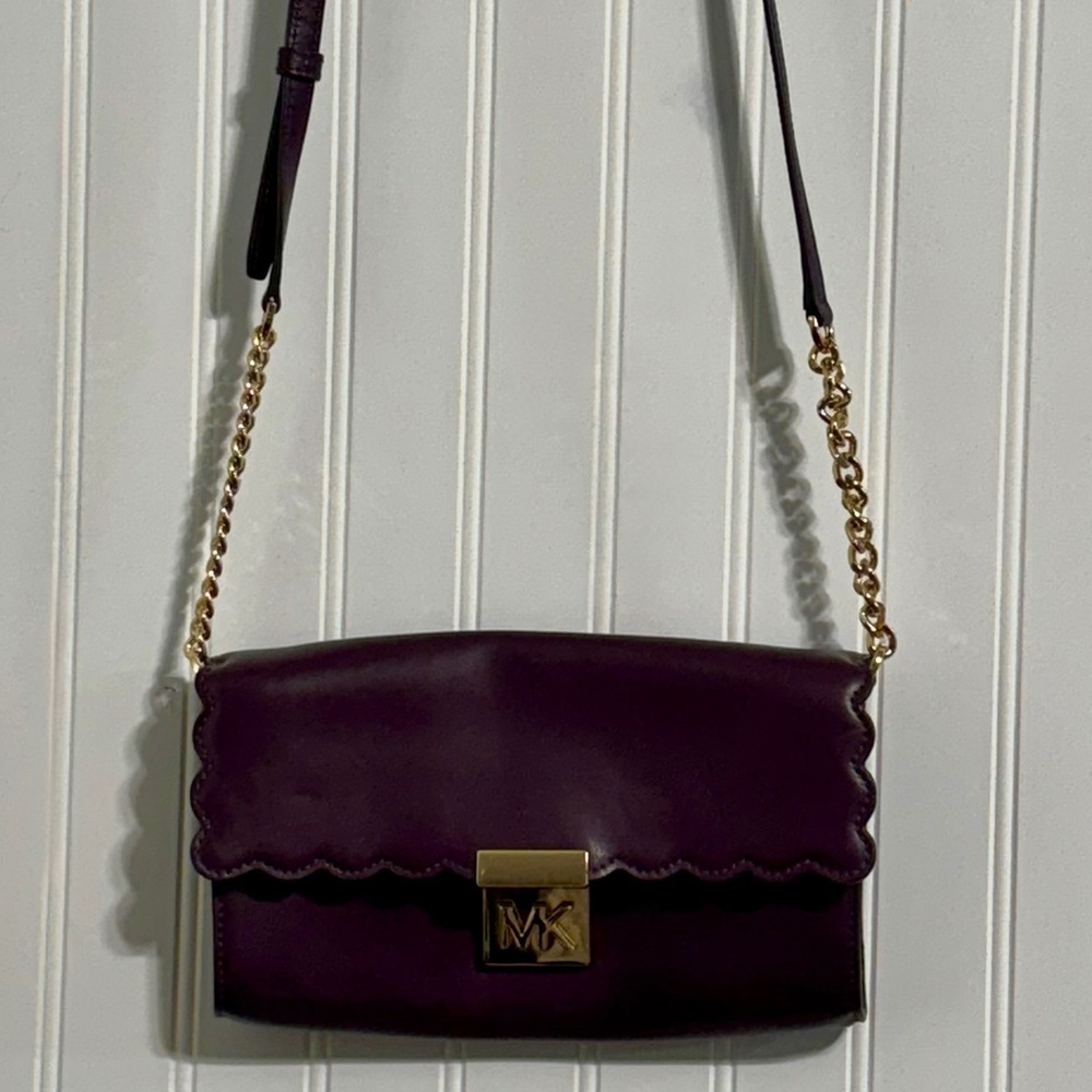 Michael Kors Womens Mott Scalloped Crossbody Bag Merlot Burgundy Leather Gold MK
